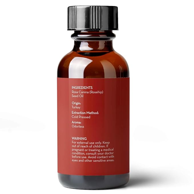 Pure Body Naturals Rosehip Facial Oil, 1 fl oz - for Face, Nails, Hair and Skin - Cold Pressed and Unrefined Moisturizing Oil
