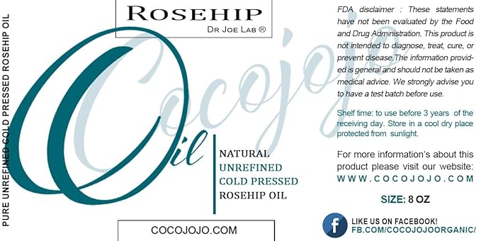 cocojojo Rose Hip Oil Organic for Face, Organic Rosehip Oil, Pure Unrefined Cold Pressed All Natural for Hair, Skin, Face, Body, & Nails - 8 Oz
