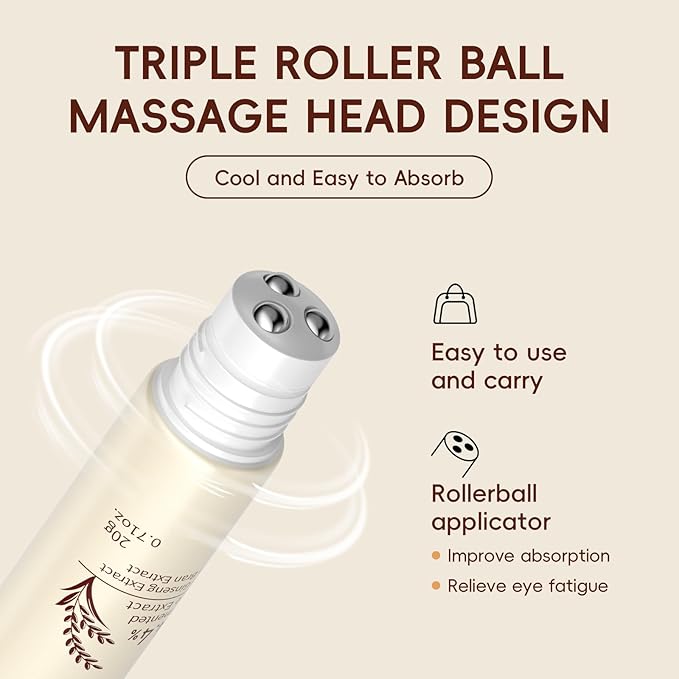 Rice Eye Cream, Moisturizing Eye Roller with Rice Ginseng Extract, Smooth Light Weight Fast Absorption Non-sticky Reduces Fine Lines Puffiness Bags & Dark Circles
