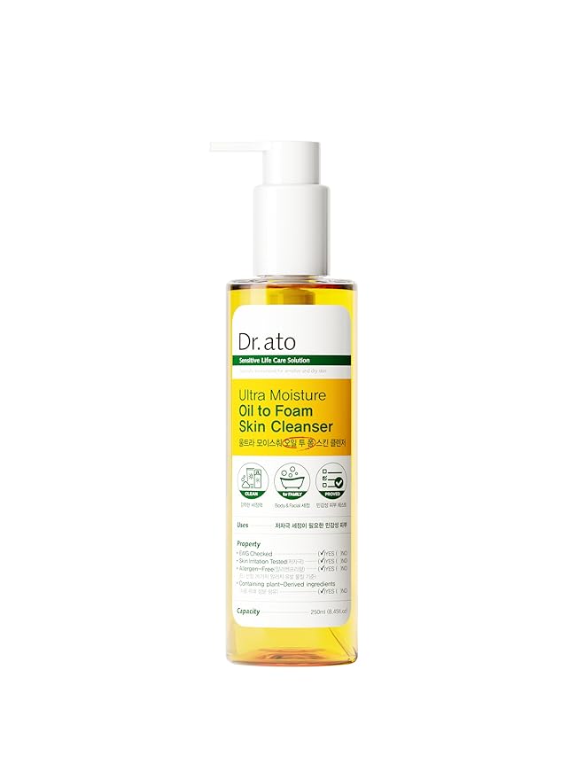 Dr.ato Ultra Moisture Oil to Foam Cleanser (8.45 fl.oz) – Hydrating 2-in-1 Double Cleanser for Dry & Sensitive Skin, Gentle Deep Pore Cleansing with Low pH Formula