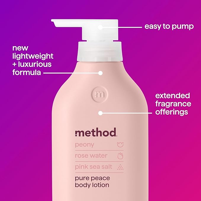 Method Body Lotion, Pure Peace, Rose Water, Peonies + Pink Sea Salt notes, 24 Hours of Moisture, 14 oz,(Pack of 2)