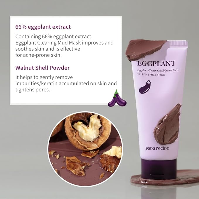 Papa Recipe Eggplant Clearing Mud Cream Mask – Bentonite & Kaolin Clay Face Mask, Deep Pore Purifying, Balancing & Hydrating Skin, Gentle Exfoliating Korean Mud Mask for Sensitive & Acne-Prone Skin