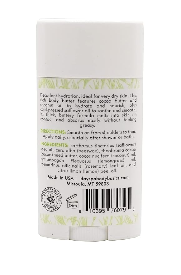 DAYSPA Body Basics Lemongrass Organic Body Butter - 24 Hour Intense Hydrating Moisturizer to Nourish and Restore Skin, Hypoallergenic, All-Natural, Plant-Derived, Made in USA