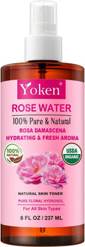 Yoken Organic Rose Water Spray for Face, 8 Fl Oz Fine Mist, Rosewater Face Mist with 100% Pure & Natural Rosa Damascena Rose Hydrosol, USDA Certified Organic, Alcohol Free, Vegan, No Dyes