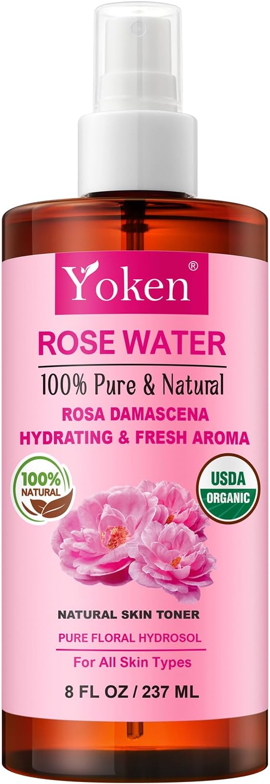 Yoken Organic Rose Water Spray for Face, 8 Fl Oz Fine Mist, Rosewater Face Mist with 100% Pure & Natural Rosa Damascena Rose Hydrosol, USDA Certified Organic, Alcohol Free, Vegan, No Dyes