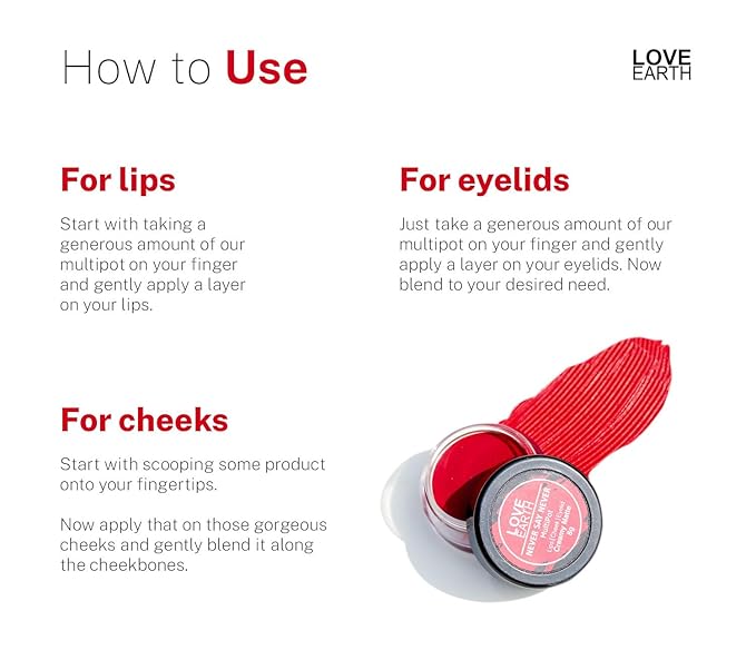 Love Earth Lip Tint & Cheek Tint Multipot - Never Say Never With Richness Of Essential Oils & Vitamin E For Lips, Eyelids And Cheeks, Creamy Matte - Bright Red