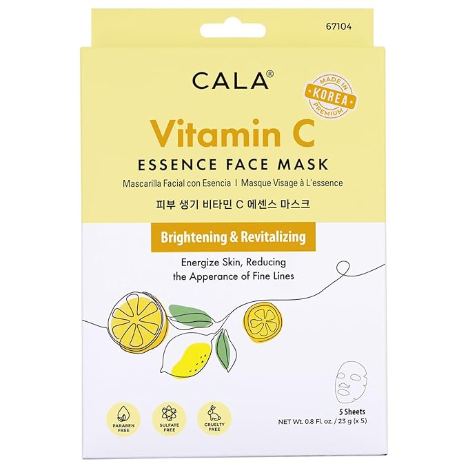 Cala Vitamin C Essence Facial Sheet Masks, 5 Pack - Ultra-Thin Face Mask Sheets with Orange & Lemon Fruit Extracts, Hydrating for Dry, Dull Skin, 5-Min No-Rinse Use