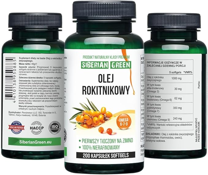 Siberian Sea Buckthorn Oil Capsules 200 Softgels | from Wild-harvested Siberian Sea Buckthorn Berries | Oil Cold Pressed Unrefined Gluten Free Non-GMO Premium Omega 7