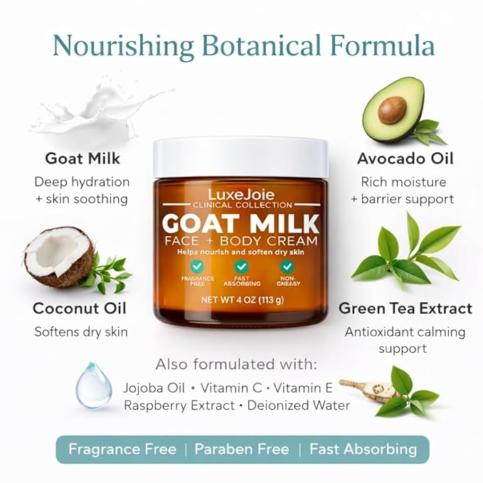 LuxeJoie Goat Milk Face Cream Fragrance Free Moisturizer for Dry & Sensitive Skin Fast Absorbing Non Greasy Hydration Gentle Goat Milk Face & Body Lotion with Shea Butter 16 oz