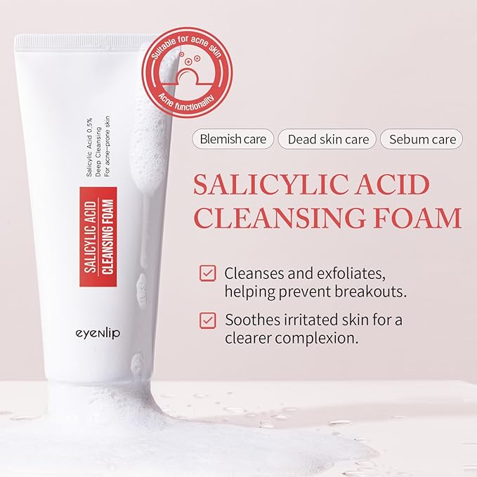 eyeNlip Salicylic Acid Cleansing Foam 5.07 fl oz - Gentle Exfoliating Face Wash with Tea Tree and Charcoal for Clear, Refreshed Skin, Korean Skincare