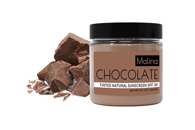 Malina™ Organic Chocolate Tinted Natural Sunscreen | SPF 30+ | Nontoxic | Reef-Safe | No Preservatives | No Synthetic Fragrance | 3 Shades | With Non-Nano Zinc-Oxide (4 Fl Oz, Medium)