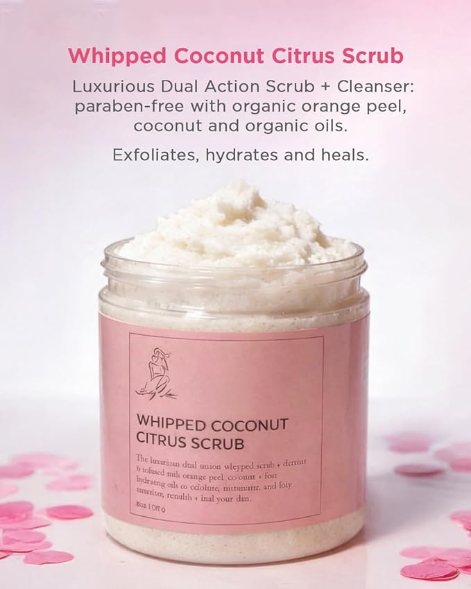 Bodyluxe Glow Organic Whipped Coconut Citrus Sugar Scrub – Handcrafted Dual-Action Cleanser & Exfoliator, Dry Skin Polish & Refresh All Skin Types