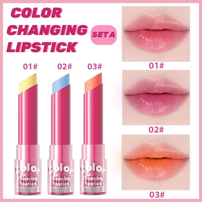 BINGBRUSH 3PCS Color Changing Lipstick Set, PH Lip Balm set Mood Lipstick, Natural Color-Changing Tint with Deep Moisture, Long Lasting Personalized Lip Gloss for Daily Wear or Gifts-SetA