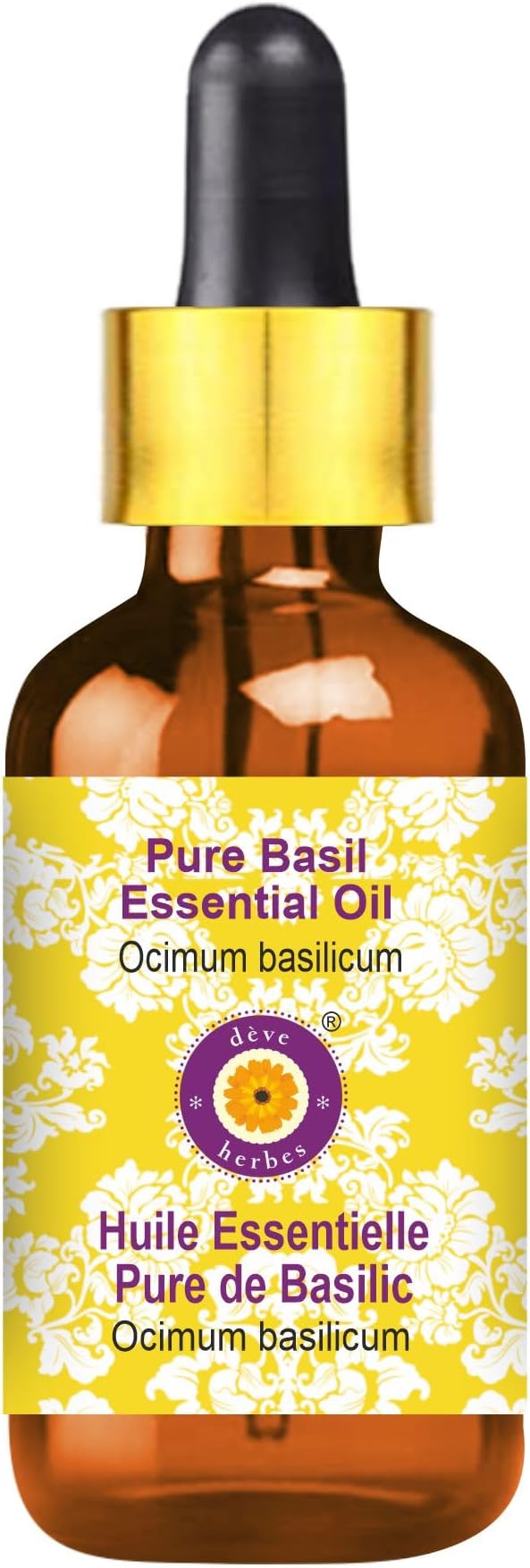 Deve Herbes Pure Basil Essential Oil (Ocimum basilicum) with Glass Dropper Steam Distilled 50ml (1.69 oz)
