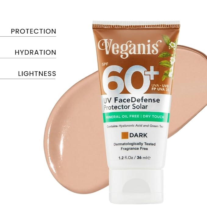 Sunscreen SPF 60 Dark Tone – Hyaluronic Acid & Green Tea – Tinted Face Sunscreen for Daily Use – Broad-Spectrum UVA/UVB & Blue-Light Protection – Hydrating Dry-Touch Vegan Formula