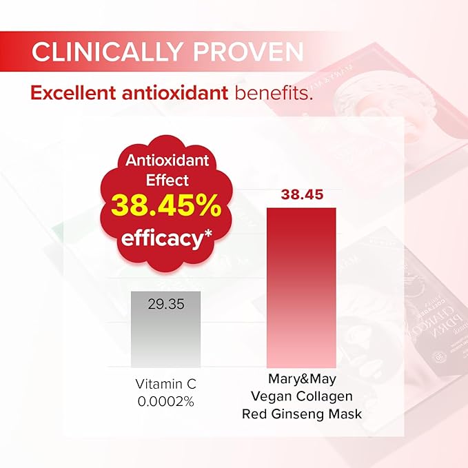 Mary&May Vegan Collagen Red Ginseng Mask - Face Sheet Hydrogel Mask - Low Molecular Collagen, Niacinamide, Centella - Revitalizing, Firming, Hydrating Korean Skincare for Dull & Tired Skin, 4 Sheets