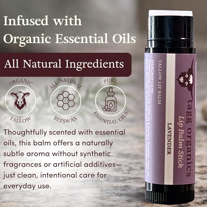 Lavender Tallow Lip Balm – Moisturizing Lip Care with Grass-Fed Tallow, Natural Beeswax & Essential Oils, 4 Pack (.15 oz)