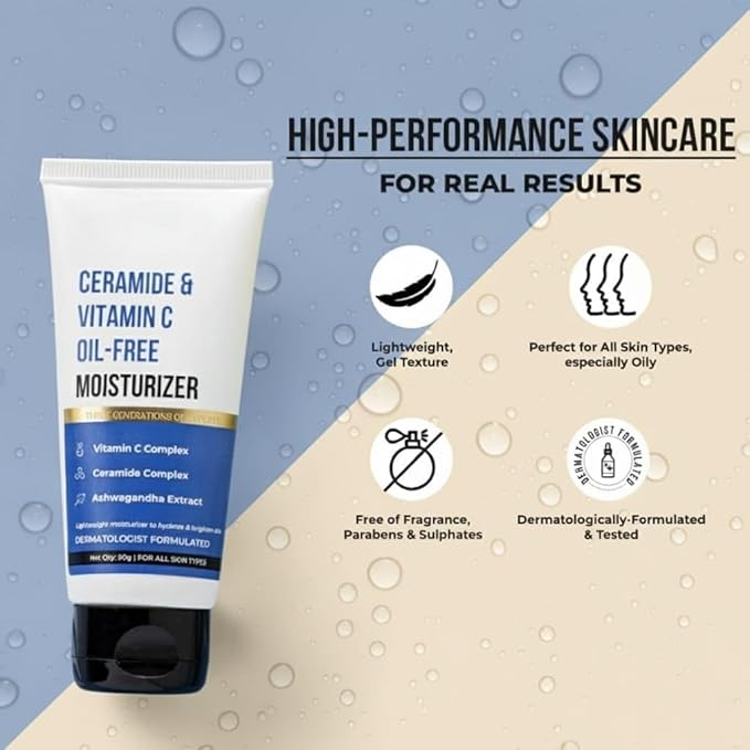 Dr Sheth Ceramide & Vitamin C, Oil Free, Lightweight Moisturizer to Hydrate & Brighten Skin with Vitamin C, Ceramide & Ashwagandha Daily Use Cream for Oily Skin, 50g, 1.76 Ounce