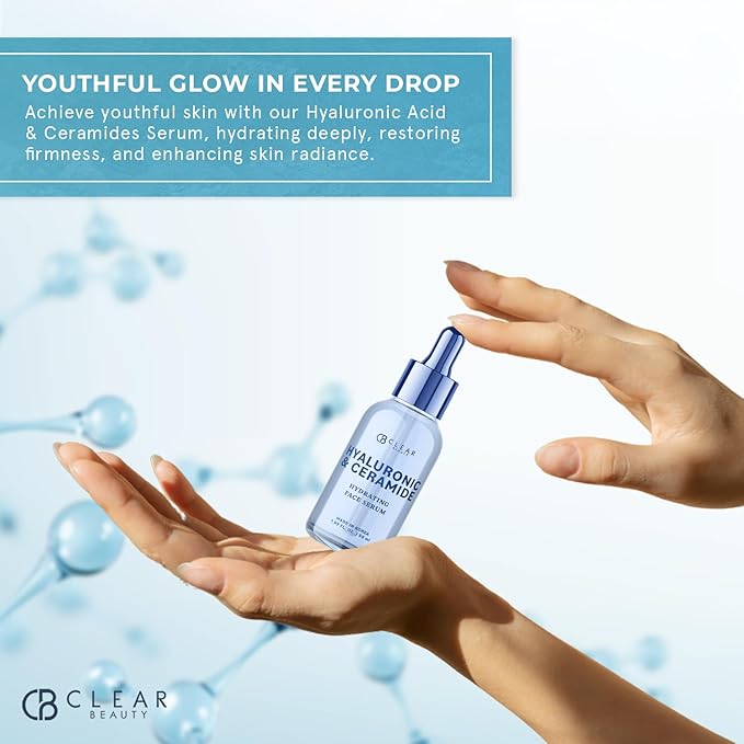 Clear Beauty Ceramide & Hyaluronic Acid Serum for Face - Dermatologist Tested, Anti Aging Korean Skin Care - Deep Hydration, Plumps Fine Lines, Firms, Barrier Repair - Vegan, Clean Beauty- 1.69 Fl Oz