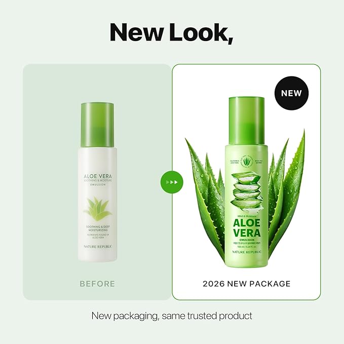 Nature Republic Mild & Moisture Aloe Vera Emulsion – Soothing & Hydrating Facial Moisturizer, Lightweight Non-Sticky Formula, Korean Skincare (5.24 Fl Oz)