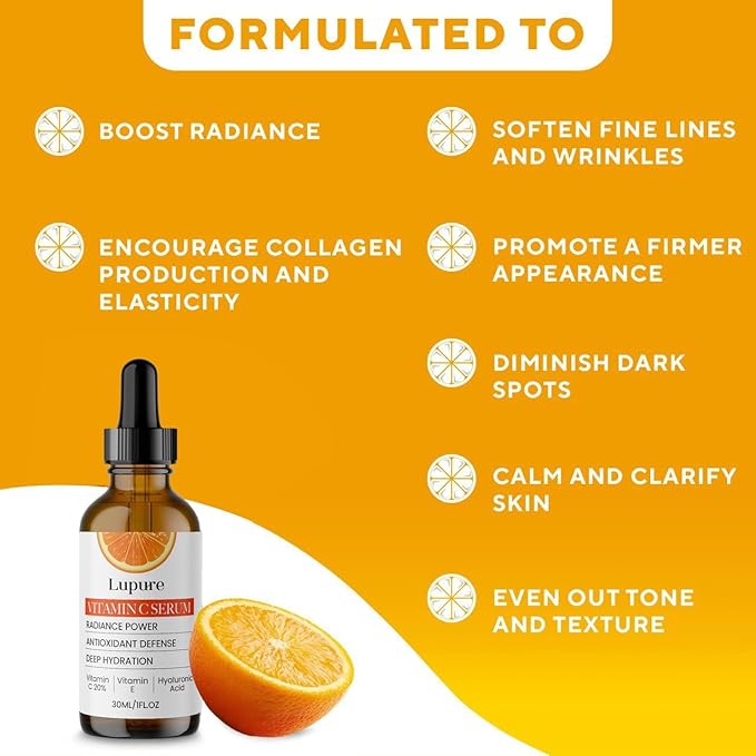 Lupure Professional Vitamin C Face Serum 20%, Anti Aging Facial Super Vit C Serum with Ascorbic Acid Hyaluronic Acid & Vitamin E for Dark Spots, Skin Care, Christmas Gift & Stocking | 1 Fl. Oz