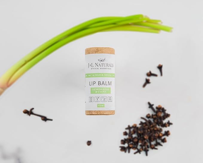 J&L Naturals Sustainable Lip Balm | Organic Ingredients, 100% Natural, Eco-Friendly | Cruelty Free, Vegan, Paraben Free, Silicone Free (Lemongrass & Clove, Single)