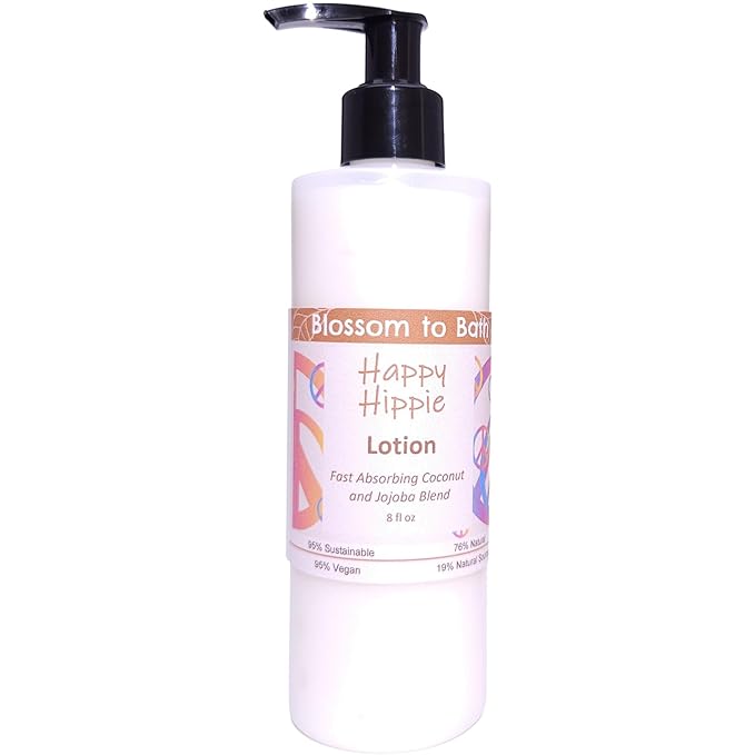 Blossom to Bath Happy Hippie Lotion (8 Ounce) - Pure Essential Oil Fragrance - Absorbs Quickly with a Sweet Happy Herbal Scent