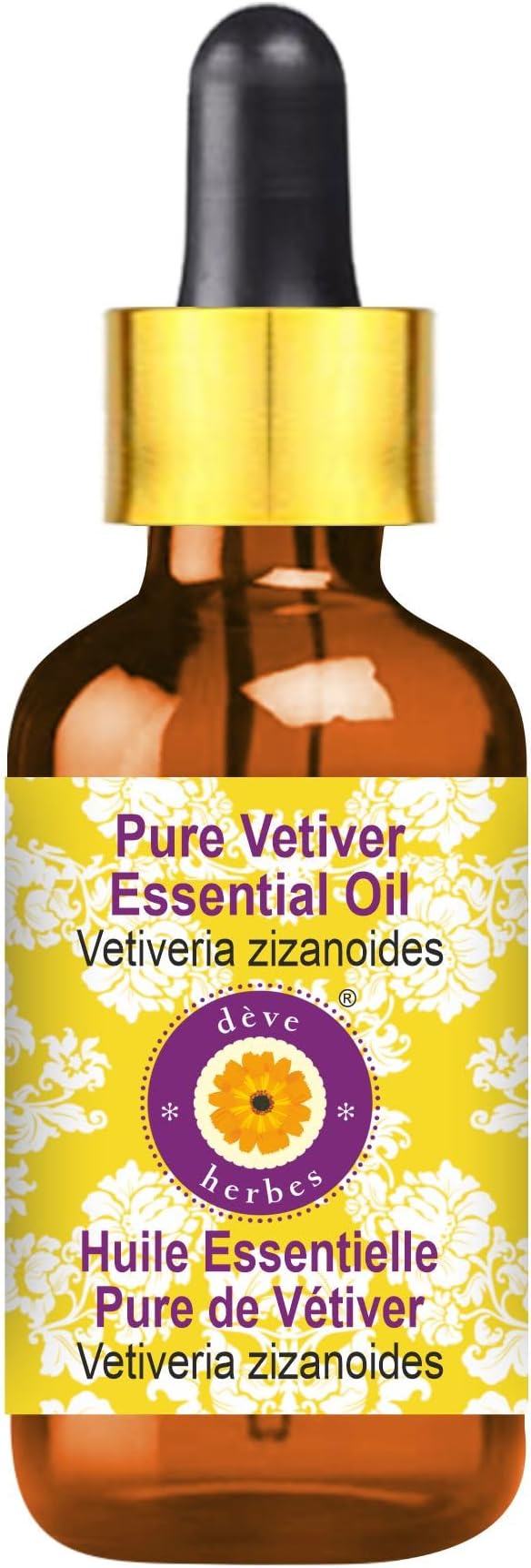 Deve Herbes Pure Vetiver Essential Oil (Vetiveria zizanoides) with Glass Dropper Natural Therapeutic Grade Steam Distilled 10ml (0.33 oz)