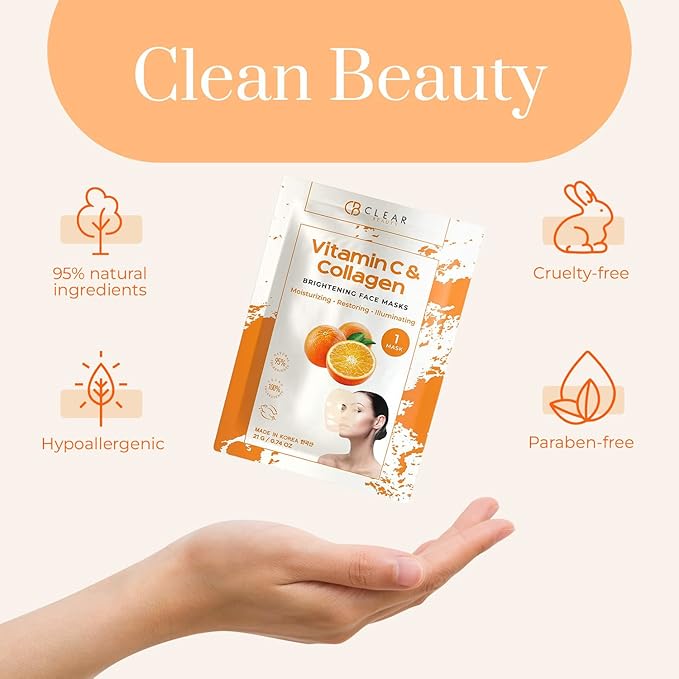 Clear Beauty Vitamin C & Collagen Face Mask - Dermatologist Tested, Diminishes Fine Lines & Wrinkles, Anti-Aging, Natural Ingredients Cruelty-Free Korean Skin Care, All Skin Types - 4 Pack