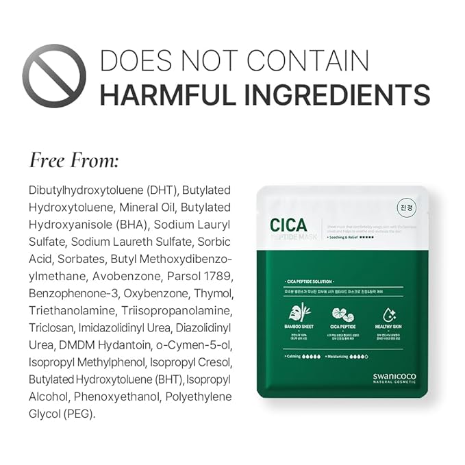 SWANICOCO Cica Peptide Cellulose Bamboo Sheet Mask for Hydration & Skin Elasticity, Korean Skincare, Beach Vacation Essentials (10 Pack)
