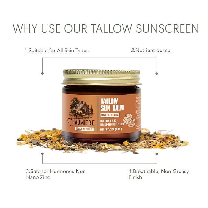 Sweet Orange Tallow Sunscreen SPF 50 – Grass-Fed Beef Tallow Balm with Carrot Seed Oil & Non-Nano Zinc – Organic Face & Body Moisturizer, Reef Safe, Naturally Scented – 2.5oz x3, Made in USA