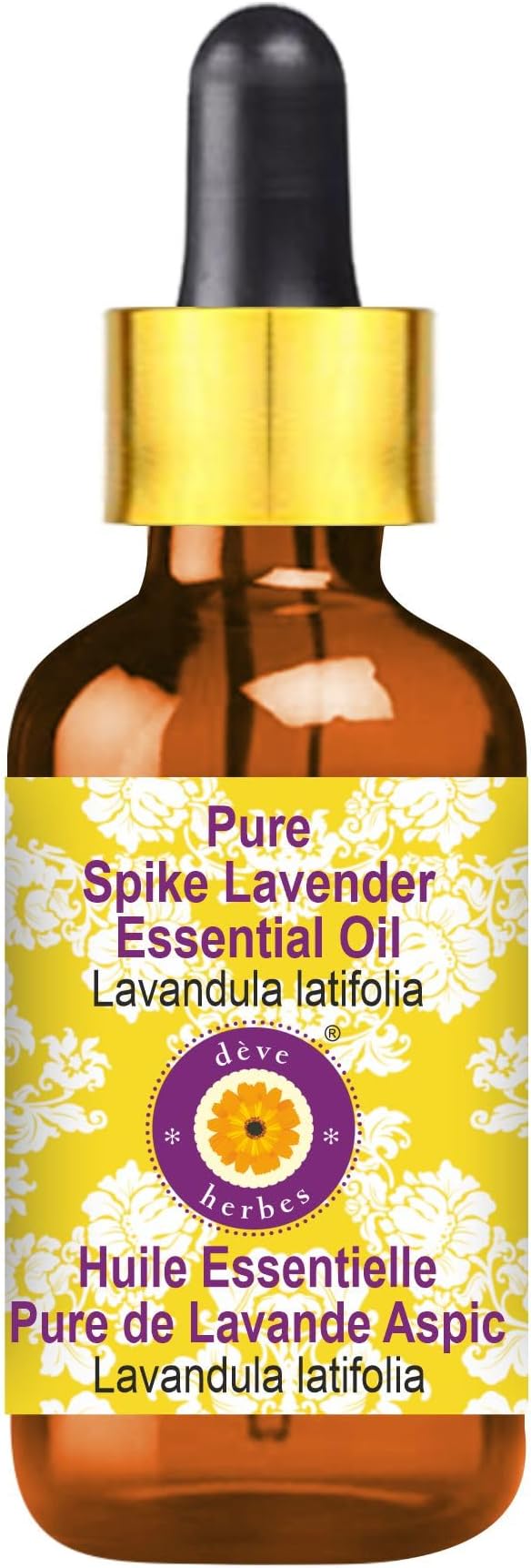 dève herbes Spike Lavender Essential Oil (Lavandula latifolia) with Glass Dropper | Pure | Non-Sticky | Non-Greasy | Lightweight | Men & Women | All Skin Types | Steam Distilled 5ml (0.16 oz)