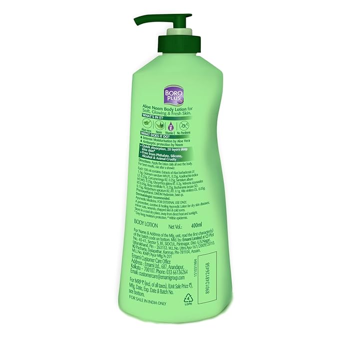 BOROPLUS Aloe Neem Body Lotion | Ultra-Hydrating, Non-Greasy Moisturizer for Very Dry Skin | 24-Hour Deep Nourishment with Aloe Vera & Neem | Fast-Absorbing Body & Hand Lotion | 13.53 Fl Oz (400ml)