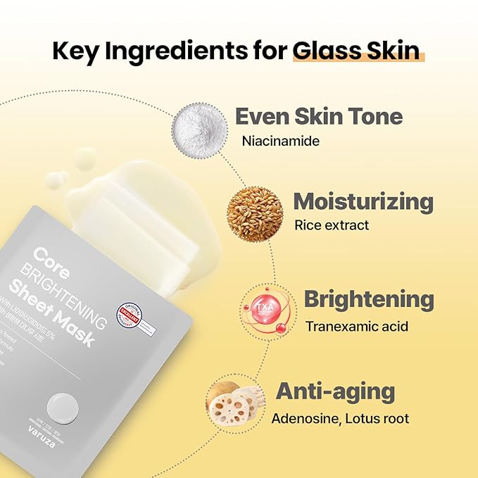 Core Nourishing Sheet Masks with Niacinamide Serum 5% for Dry Skin Tranexamic Acid, Rice Face Mask for Glass Skin Care, Moisturizing Glowing & Anti-Aging, Cruelty Free, Fragrance Free 10 Count