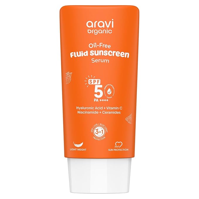 Aravi Organic Oil-Free Fluid Sunscreen SPF 50 PA++++ | (In-Vivo) Dermatologically Tested | Ultra-Light,No White Cast | Broad Spectrum Protection | Hyaluronic Acid & Vitamin C - 1.6 FL Oz / 50ml