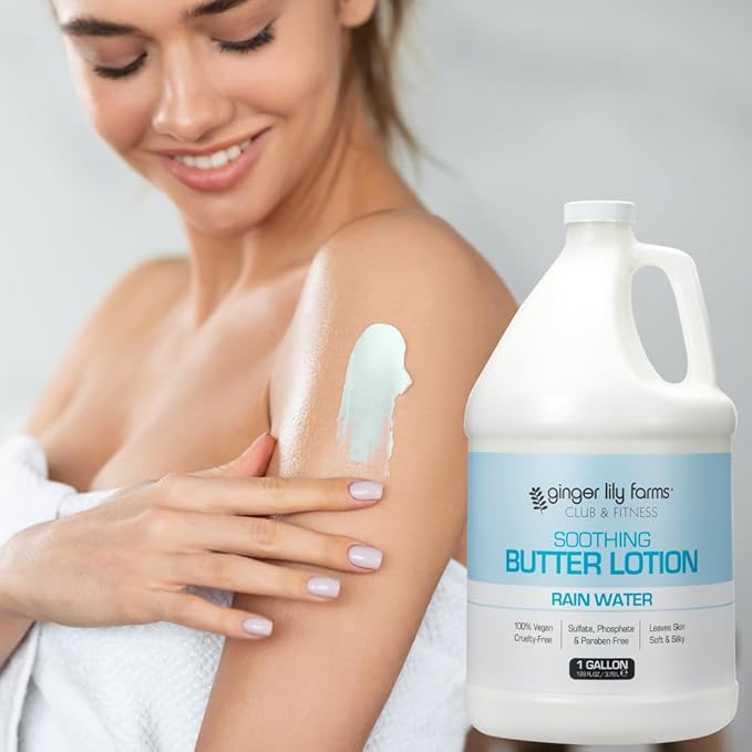 Ginger Lily Farms Club & Fitness Soothing Butter Lotion for Dry Skin, 100% Vegan & Cruelty-Free, Rain Water Scent, 1 Gallon (Pack of 4)