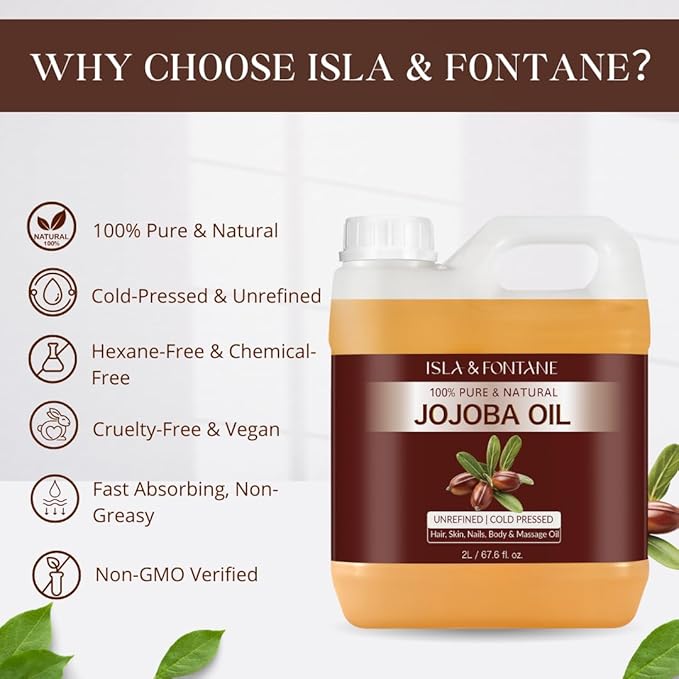 ISLA & FONTANE Jojoba Oil Set – 67.6 Fl Oz (2L) | 100% Pure & Natural | Golden, Unrefined, Cold Pressed | 2 Dropper Bottles & Massager | Hexane-Free Carrier Oil for Skin, Hair, Face, Nails & Body