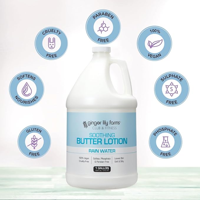 Ginger Lily Farms Club & Fitness Soothing Butter Lotion for Dry Skin, 100% Vegan & Cruelty-Free, Rain Water Scent, 1 Gallon (Pack of 4)
