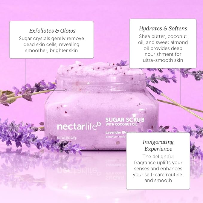 Sugar Body Scrub, Exfoliating Body Scrub with Moisturizing Shea Butter and Coconut Oil, Paraben Free, SLS Free, Cruelty Free Skin Care for Women and Girls, Handmade Fresh, 8 Oz (Lavender)