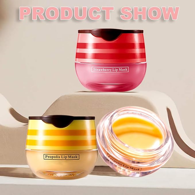 Strawberry & Honey Lip Balm, Vitamin E Lip Masks & Moisturizing/Hydrating Propolis Lip Sleeping Mask With Brush, Nourish And Repair Lip Skin Winter Lip Care Products (2Pcs Honey & 2Pcs Strawberry)