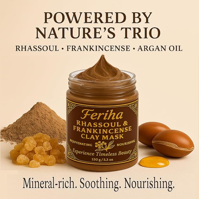 FERIHA Moroccan Rhassoul Clay Mud Mask with Argan Oil & Frankincense | 100% Natural Purifying Mineral Face Mask for Deep Cleansing, Pore Refining & Skin Rejuvenation