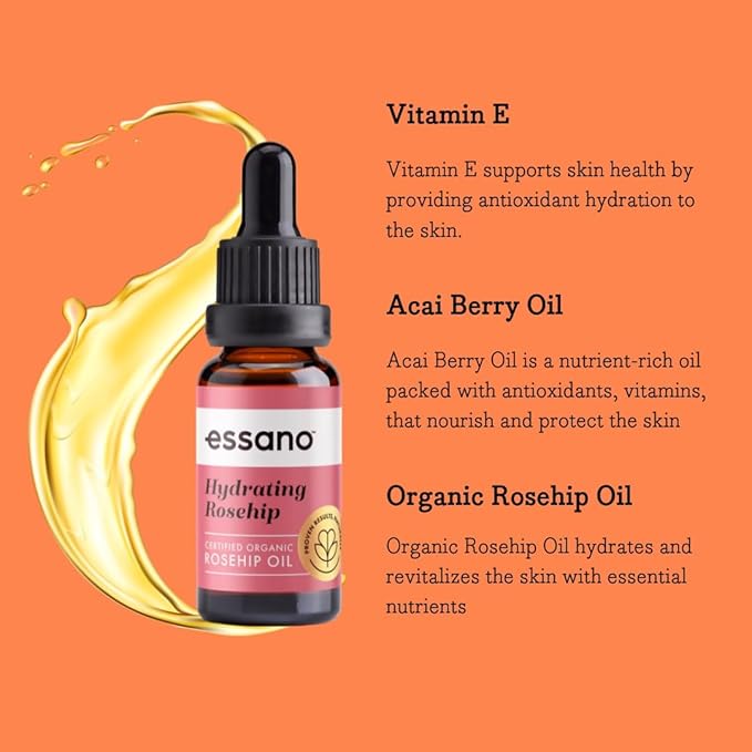 Essano Rosehip Oil for Face Organic Cold Pressed, Skin Care & Body Care with Vitamin E, Polyphenols, Natural Facial & Body Oil to Support Appearance of Fine Lines & Wrinkles, Cruelty Free, 20ml