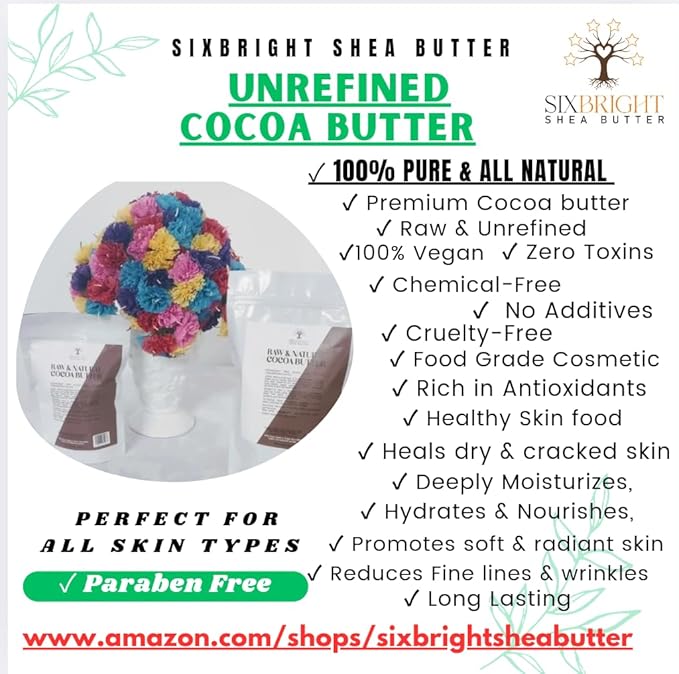 Sixbright Unrefined Cocoa Butter –16 oz | 100% Pure, Food Grade- Natural Moisturizer for Dry Skin, Fades Stretch Marks & Scars ,For Skin, Hair, DIYs. Chocolate Aroma