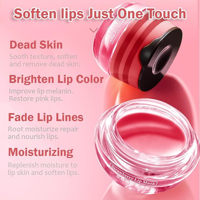 Strawberry & Honey Lip Balm, Vitamin E Lip Masks & Moisturizing/Hydrating Propolis Lip Sleeping Mask With Brush, Nourish And Repair Lip Skin Winter Lip Care Products (Strawberry)