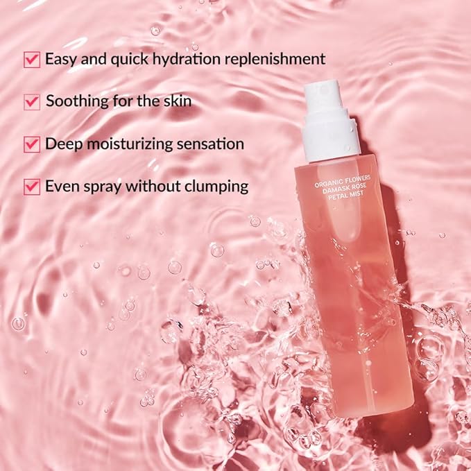 Whamisa Organic Flowers Damask Rose Petal Mist, Facial Mist Spray, Waterless Formula, Fermented Ingredient Formula, Hydration, Portable, Korean Skin Care (100ml)