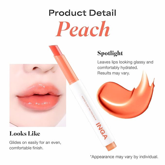 INGA Water Glow Melting Balm - Hydrating Tinted Lip Balm with Soft, Melt-On Texture, Natural Sheer, Glass-Like Finish with Non-Sticky, Lightweight Comfort (PEACH JUICE)
