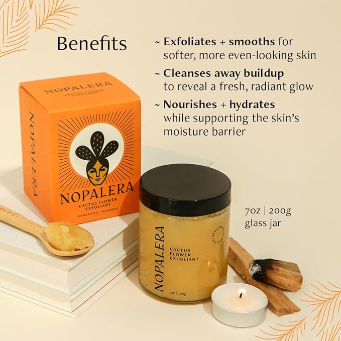 Nopalera Mandarina Cactus Flower Exfoliant - Face & Body Scrub, 3-in-1 Cleanser, & Moisturizer, Vegan, Cruelty-Free, Natural Citrus Scent, Dye Free, 6 oz.
