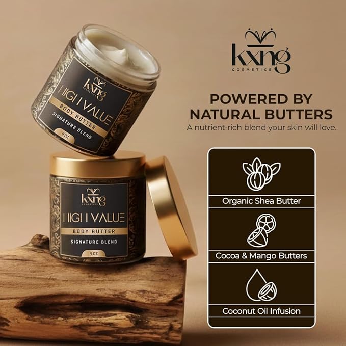 KXNG Cosmetics Shea Body Butter Cream – 4oz | Organic Body Butter for Men & Women with Shea, Cocoa, Mango & Coconut Oil | Deep Moisturizing Cream for Hands, Feet & All Skin Types – High Value