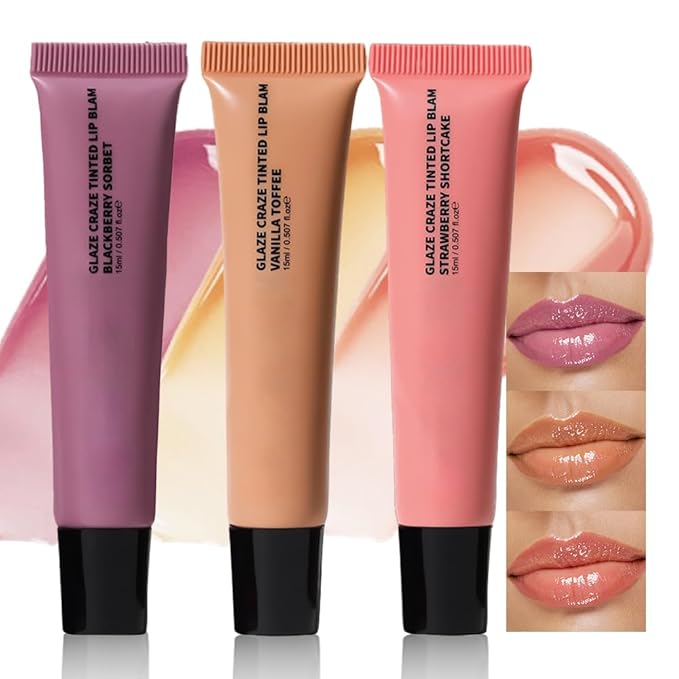 3Pcs Summer Lip Butter Lip Balm Glow Reviver Lip Gloss, Melting Lip Serum, Ultra-Hydrating Natural Vegan Lip Balm, Sheer-Tinted Shine & Hydration, Soothes & Softens Dry Lips (01+02+03)
