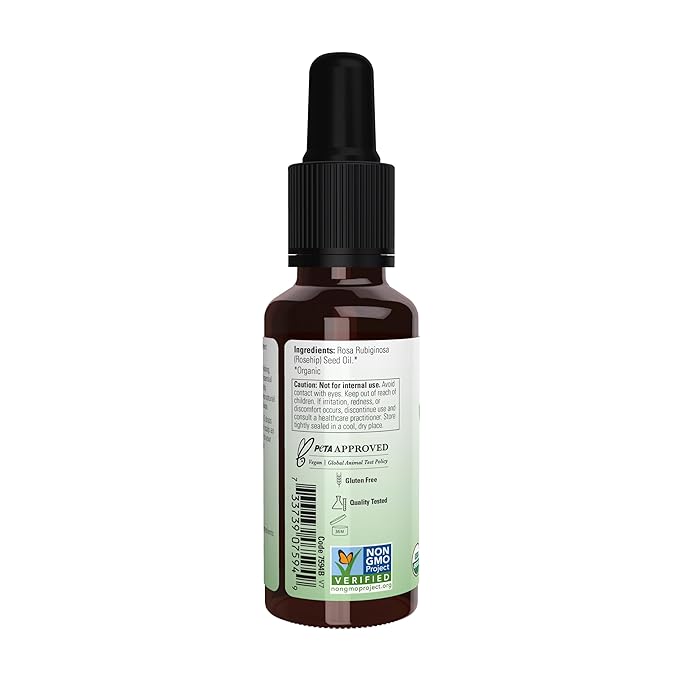 NOW Solutions, Organic Rose Hip Seed Oil, Certified Organic and 100% Pure, For Facial Care, Expeller Pressed, Vegan, Child Resistant Euro Dropper, 1-Ounce